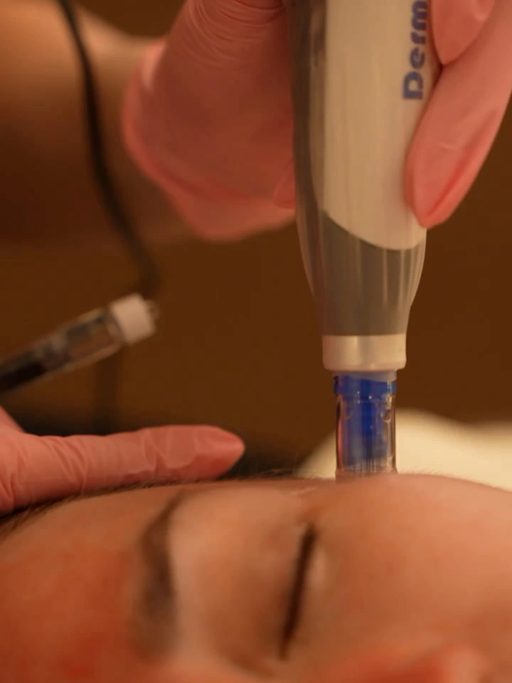 Gloved hand holding a Dermapen microneedling pen against a client’s forehead during treatment