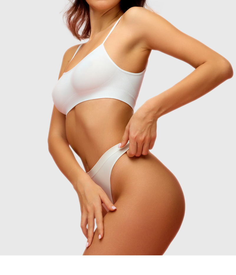 Woman in white bikini displaying smooth, toned skin on body and abdomen