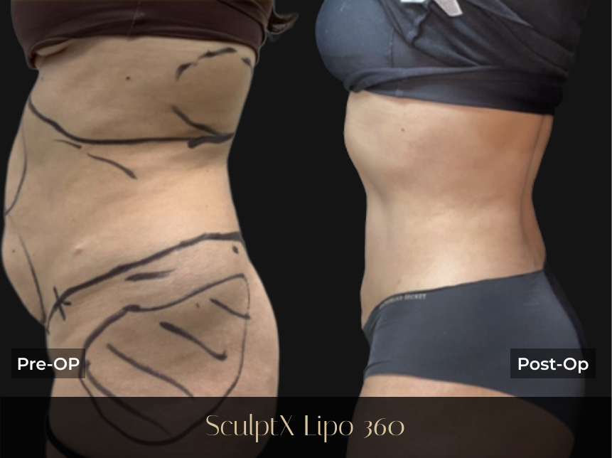 SculptX Lipo 360 before and after: left side shows marked abdomen pre-operation, right side shows contoured midsection post-operation