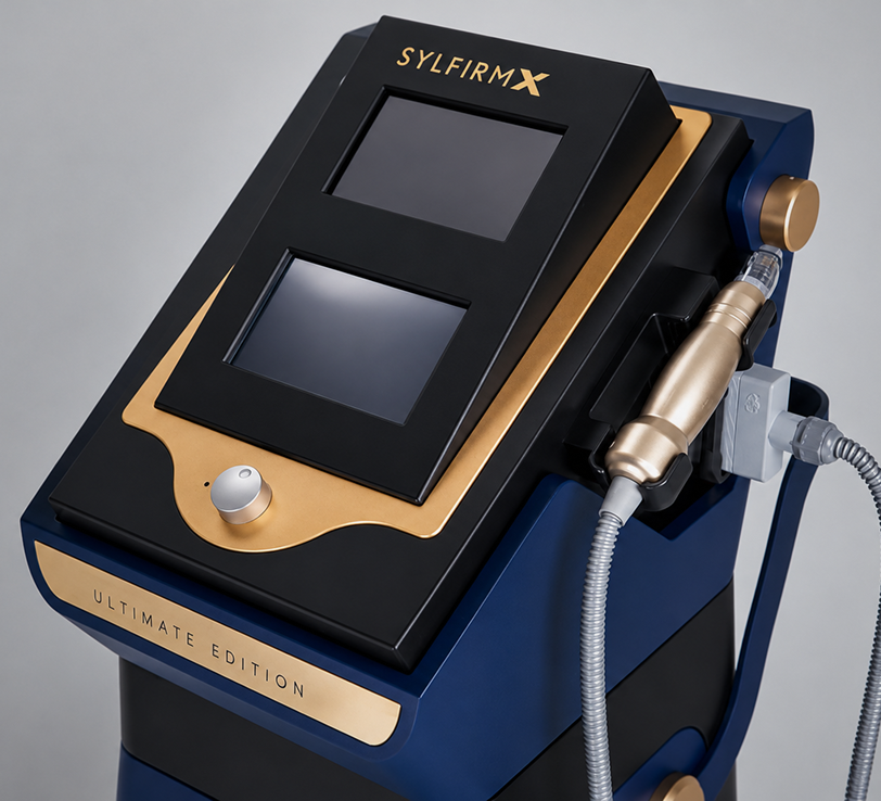 Sylfirm X Ultimate Edition skin tightening device with dual display screens and handheld applicator