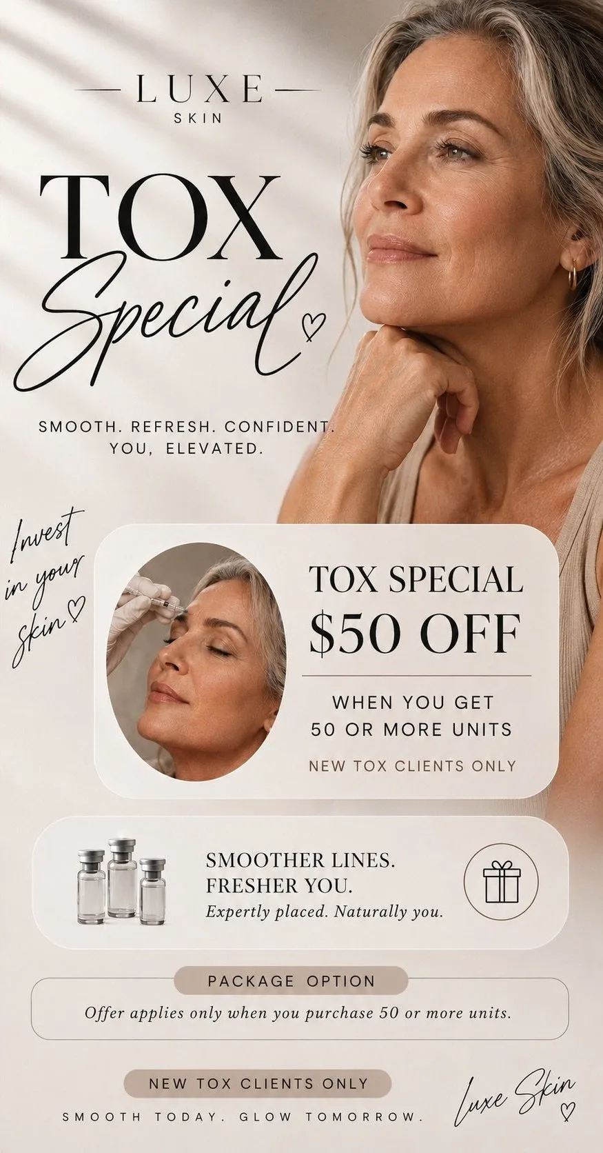 LUXE SKIN TOX Special promotional graphic featuring mature woman and injector administering treatment, advertising $50 off when purchasing 50 or more units for new clients