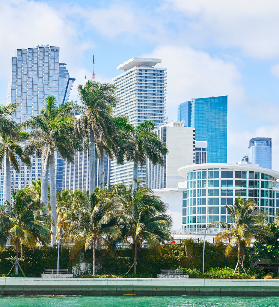 Miami Brickell skyline with high-rise buildings and palm trees along the waterfront