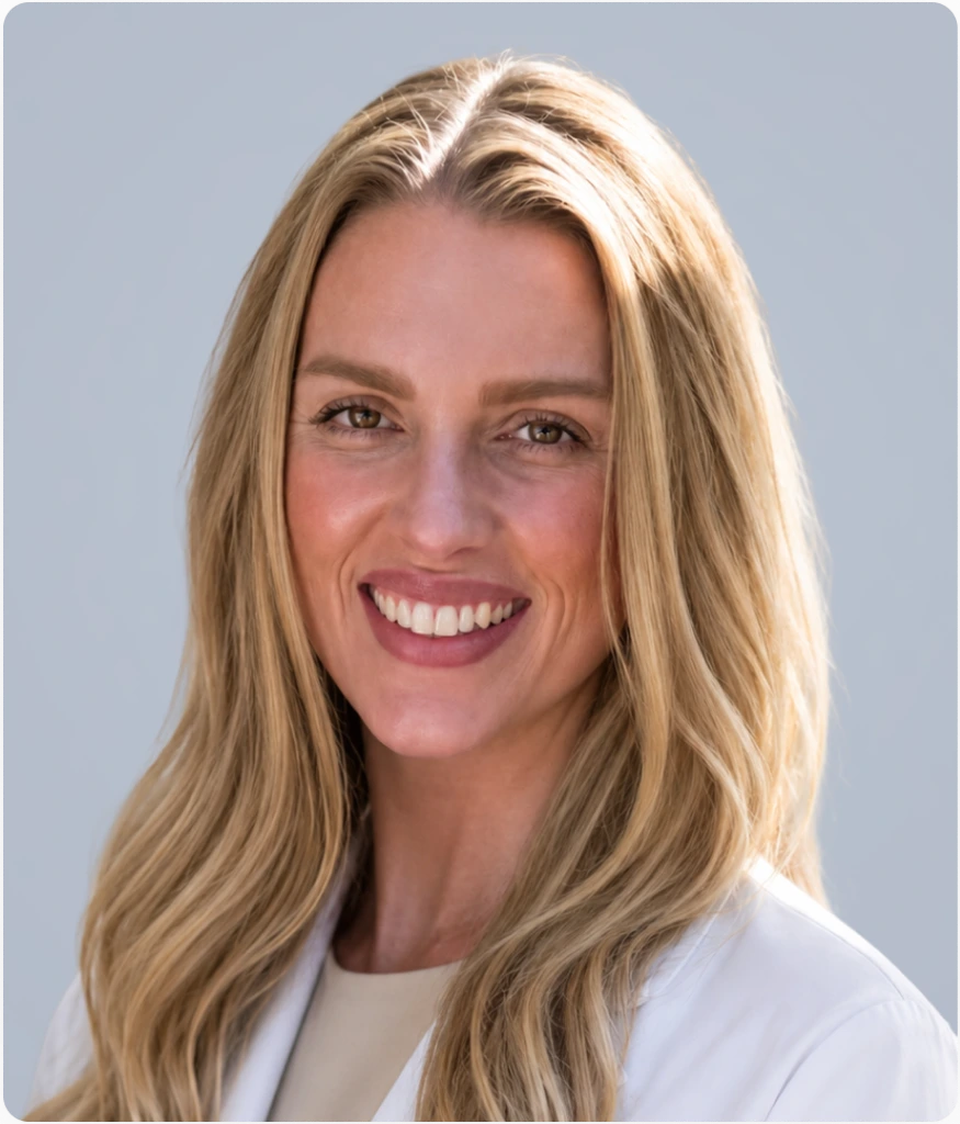 Woman with blonde hair smiling at camera