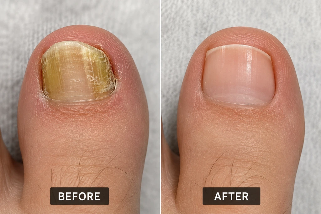 Before and after ingrown toenail treatment: discolored, thickened nail before; healthy, clear nail after