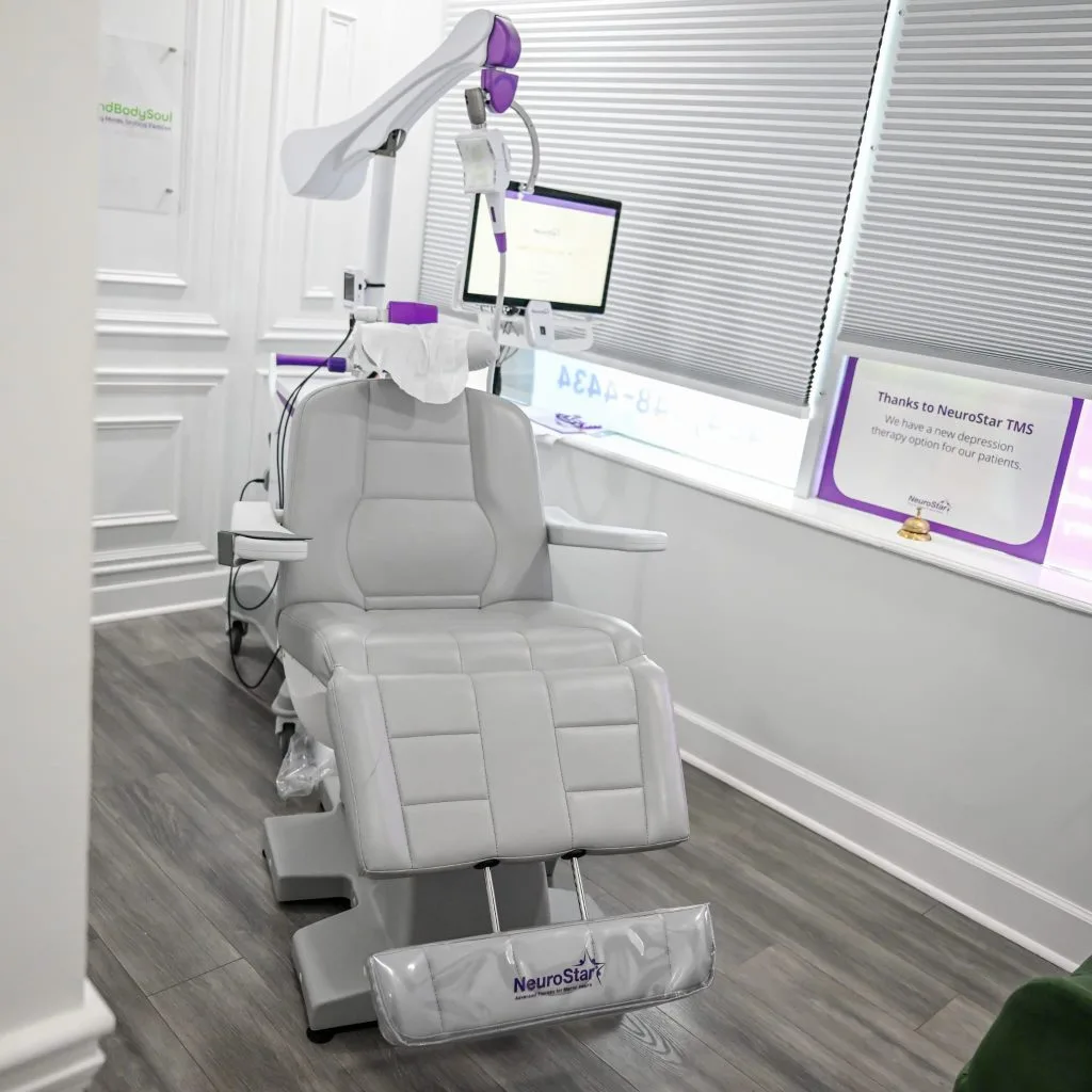NeuroStar TMS treatment chair and headcoil device in a clinical room at MindBodySoul practice