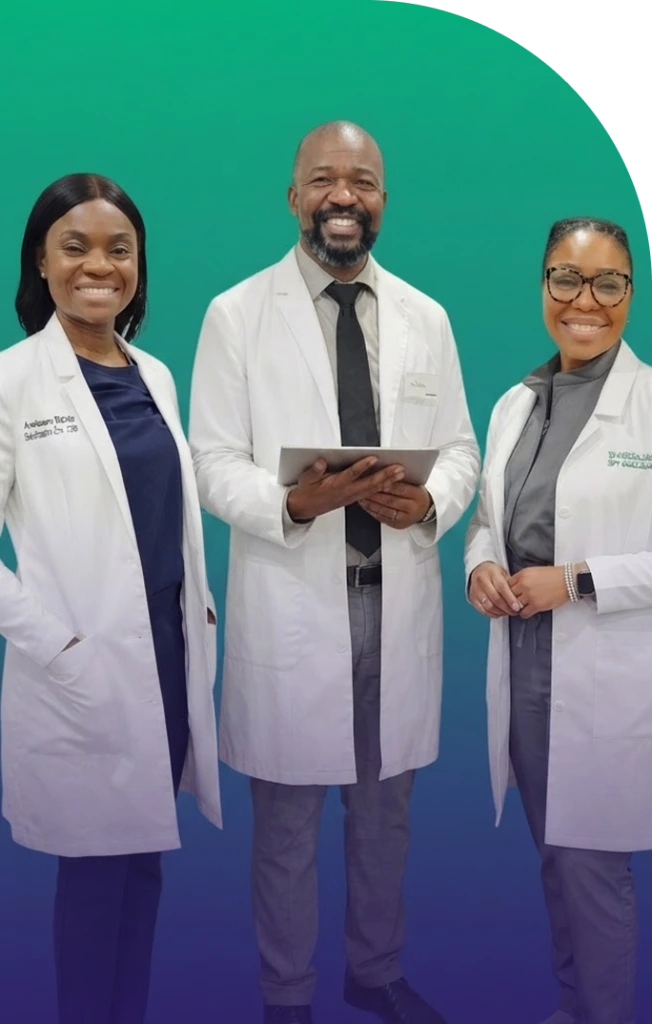 Three mental health professionals in white coats smiling against a teal-to-blue gradient background, the center clinician holding a tablet