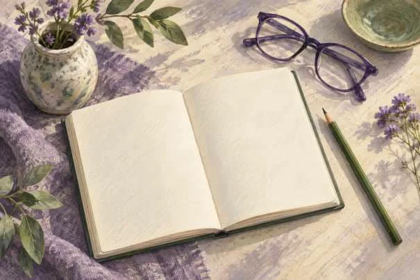 Illustration of an open notebook with a pencil, glasses and lavender on a table