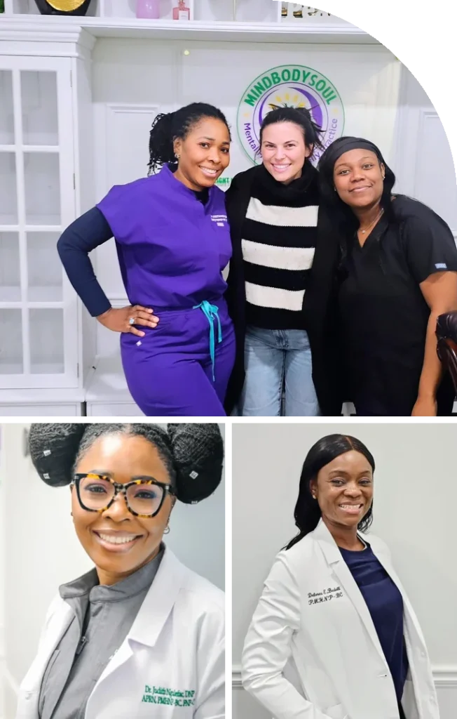 MindBodySoul care team: Dr. Judith Ngulefac and staff in the office, with headshots of Dr. Ngulefac and Delores Bedell, PMHNP-BC