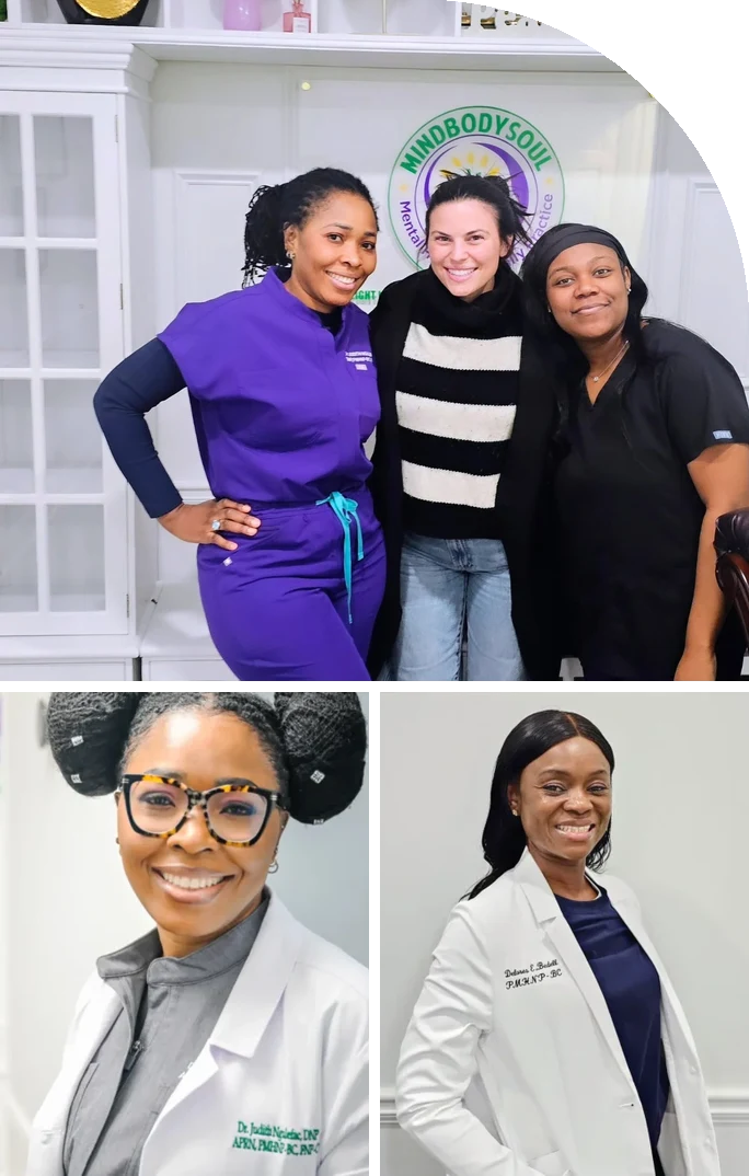 MindBodySoul care team: Dr. Judith Ngulefac and staff in the office, with headshots of Dr. Ngulefac and Delores Bedell, PMHNP-BC