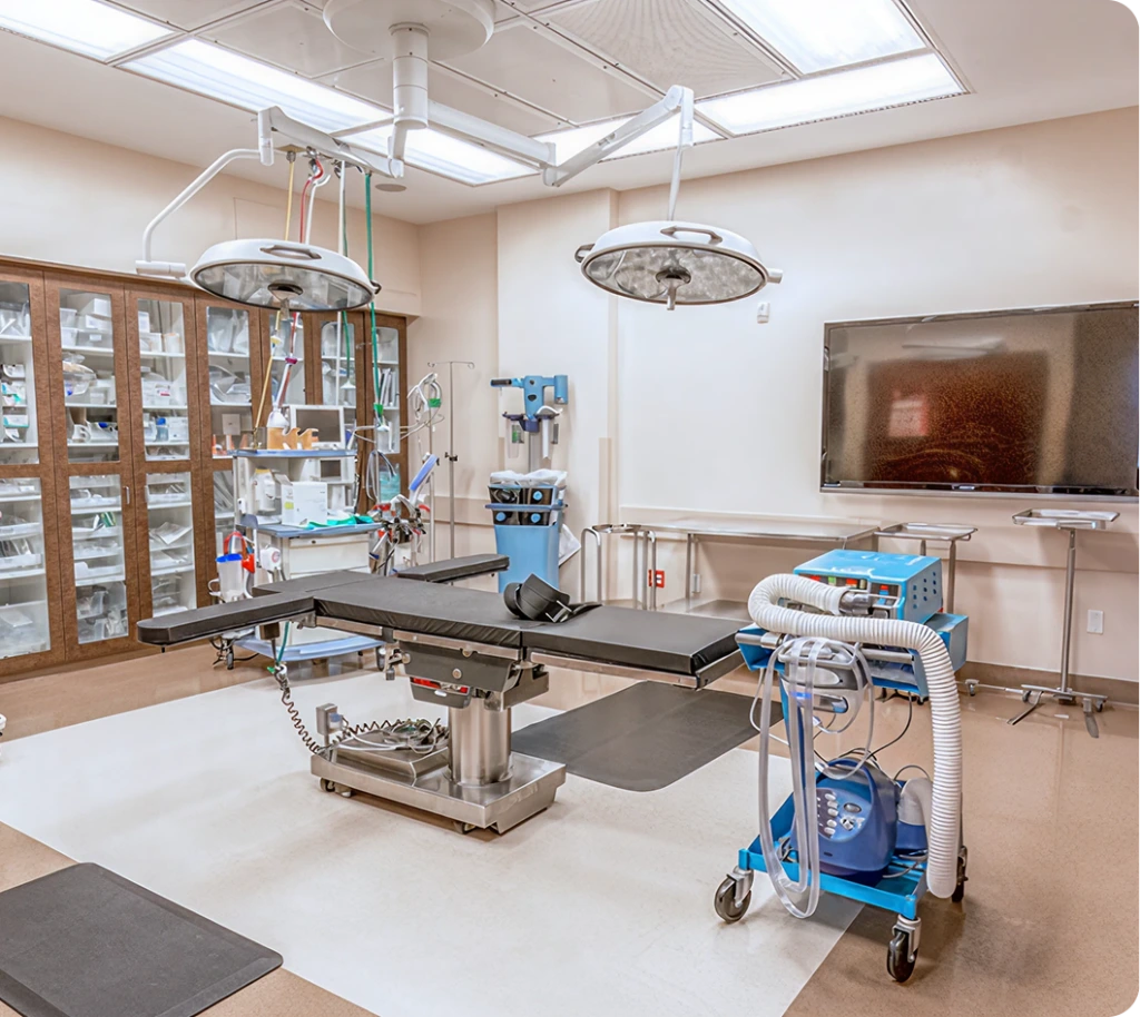 Modern surgical suite with operating table, overhead lights, surgical equipment cart, and glass instrument cabinets