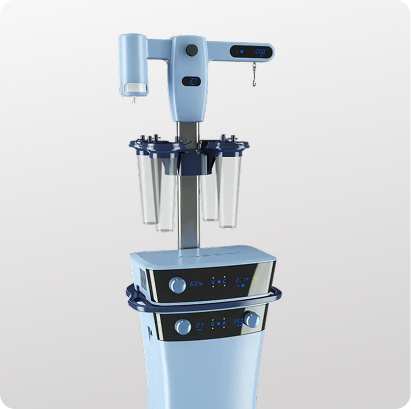 Blue and black surgical device with digital controls, articulated arm, and collection bottles mounted on pedestal base