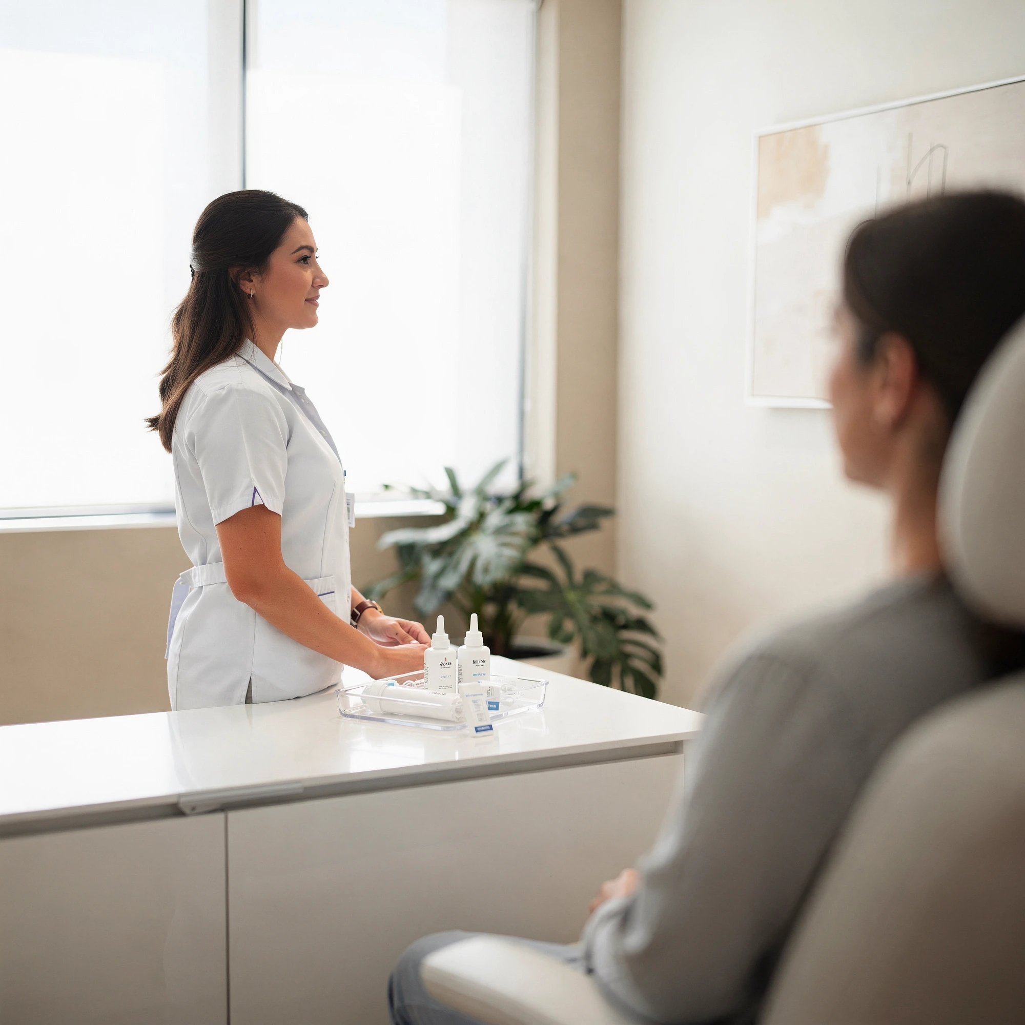 Calm wellness consultation about medication in a bright clinical office