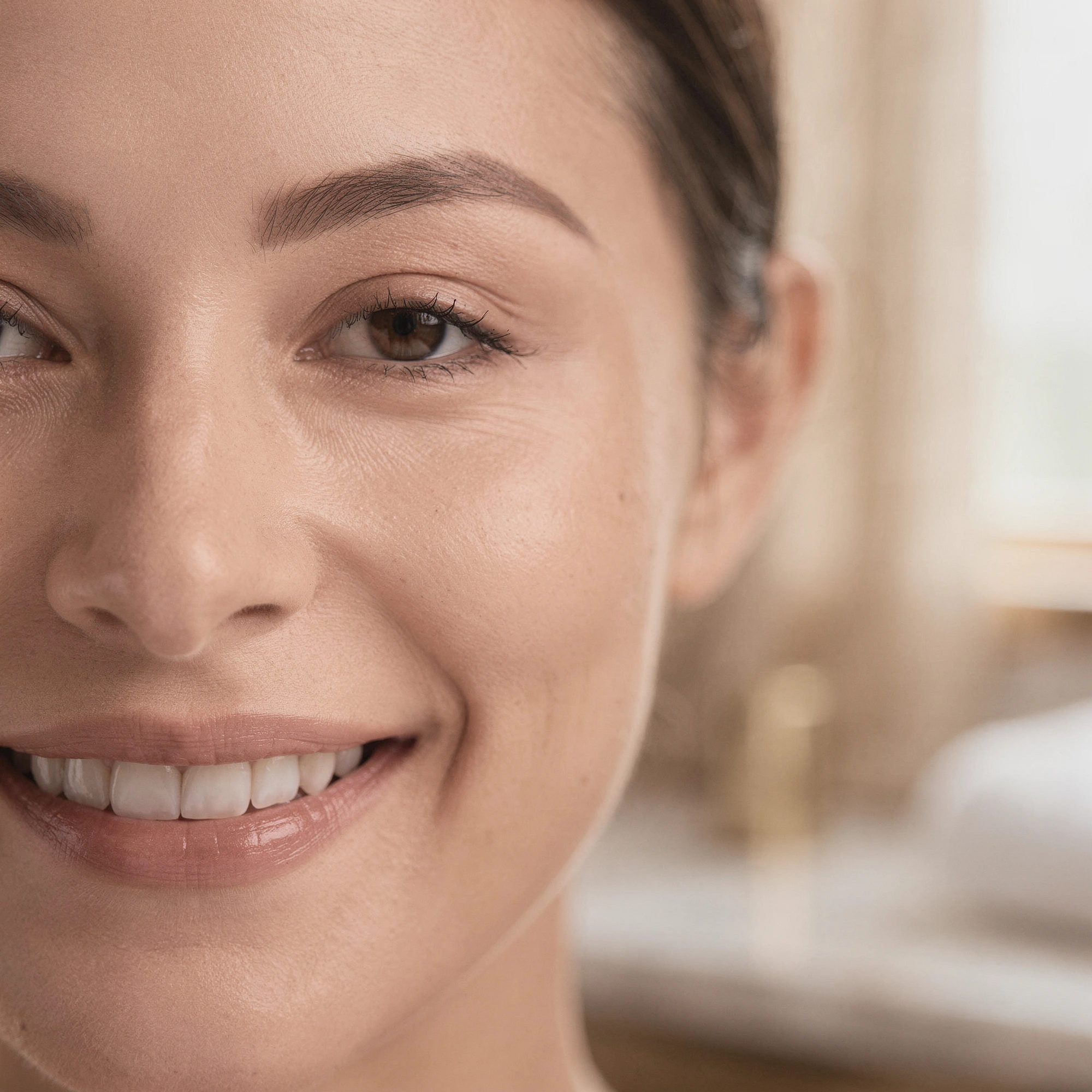 Woman smiling, showing relaxed facial features and smooth forehead