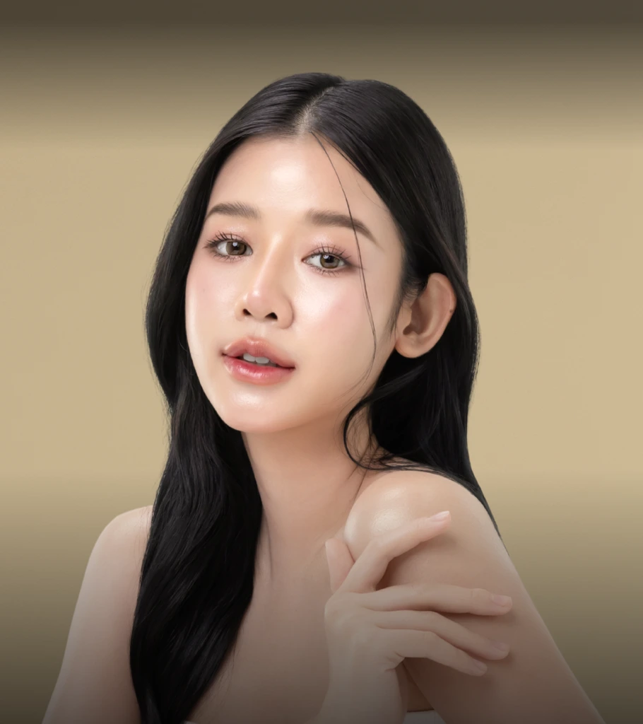 Woman with luminous skin and long black hair against a soft gold background