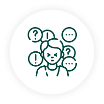 Person surrounded by speech bubbles containing question marks and ellipses, representing mental health support and communication