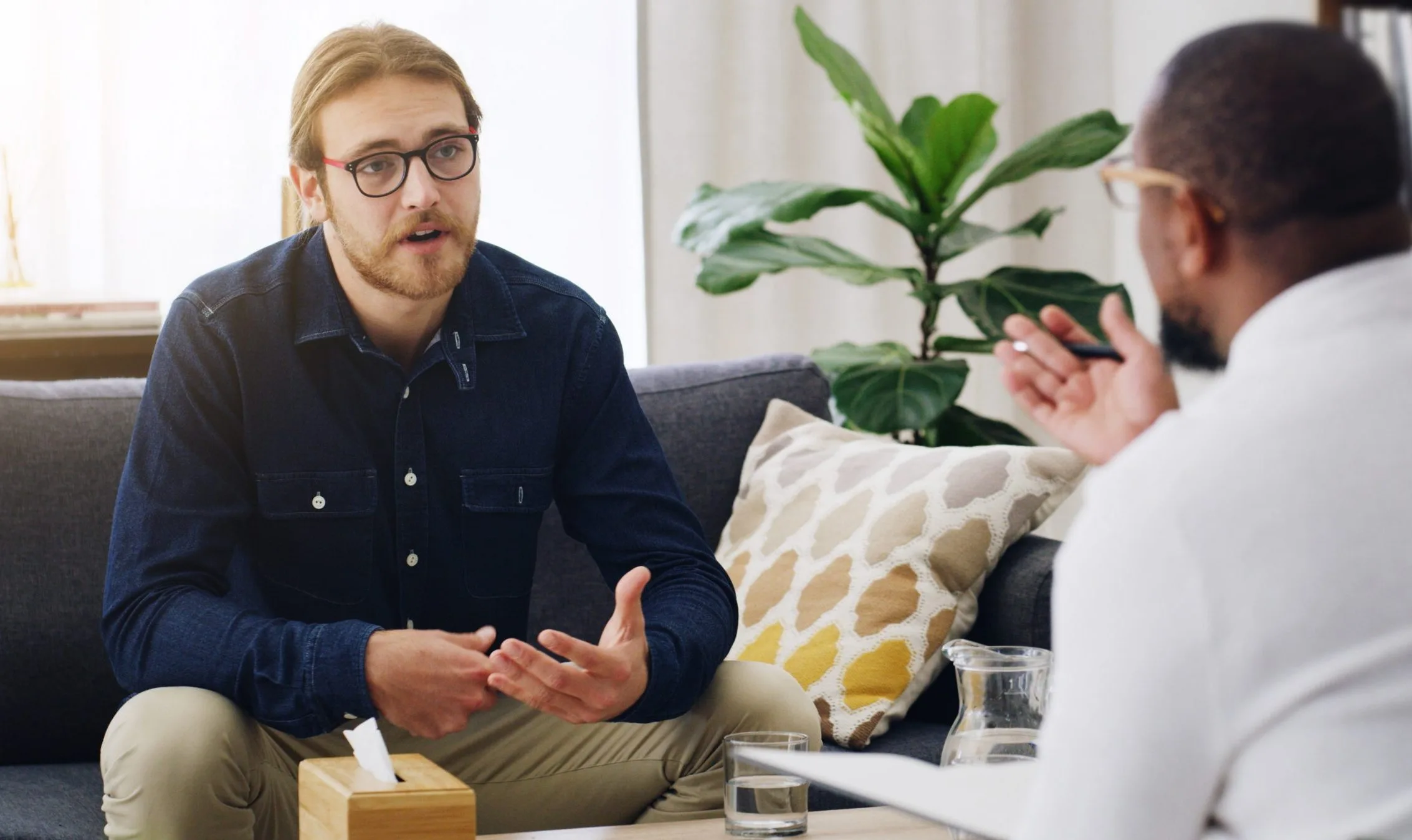 Man in denim shirt gesturing while speaking with another person on couch beside potted plant