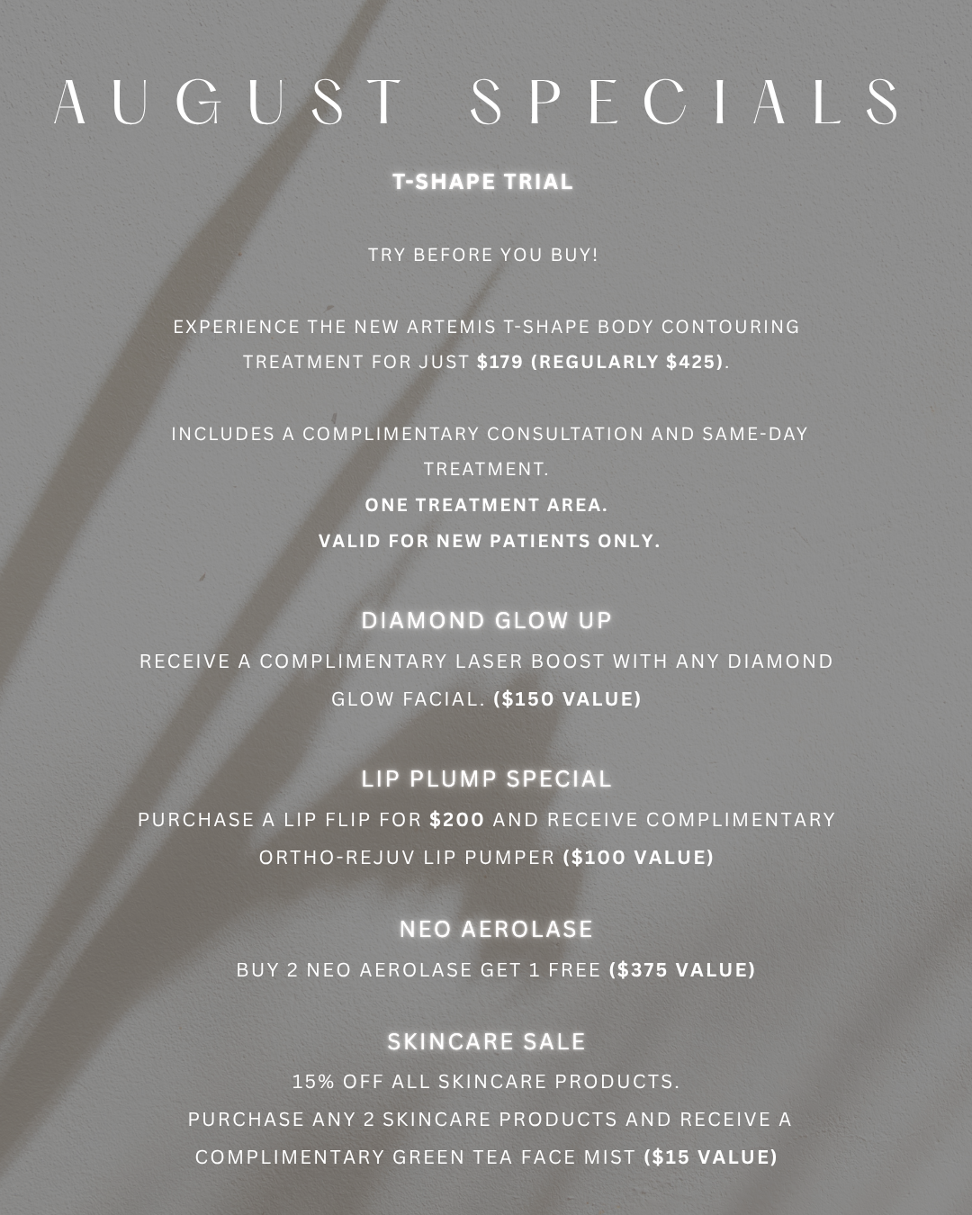 August Specials promotional offer listing T-Shape Trial, Diamond Glow Up, Lip Plump Special, Neo Aerolase, and Skincare Sale with pricing details