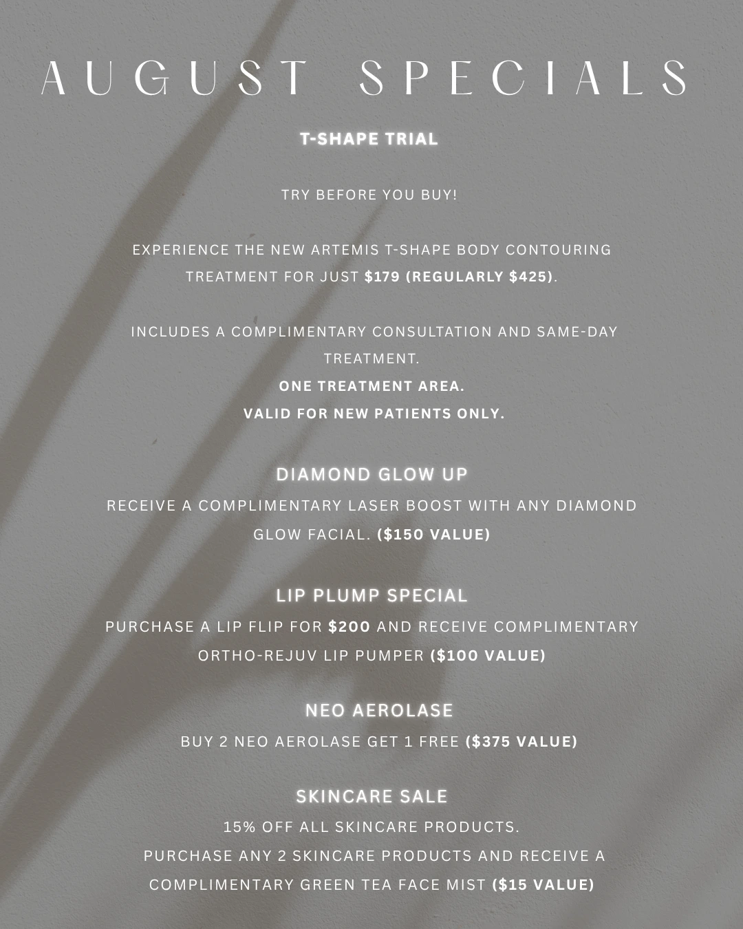 August Specials promotional offer listing T-Shape Trial, Diamond Glow Up, Lip Plump Special, Neo Aerolase, and Skincare Sale with pricing details