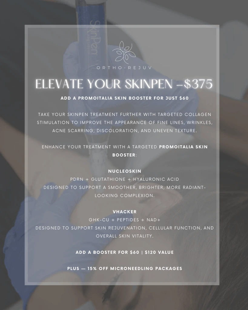 Ortho-Rejuv promotion: Elevate Your SkinPen treatment for $375, add PromoItalia skin booster for $60, includes NucleoSkin and VHacker options, 15% off microneedling packages