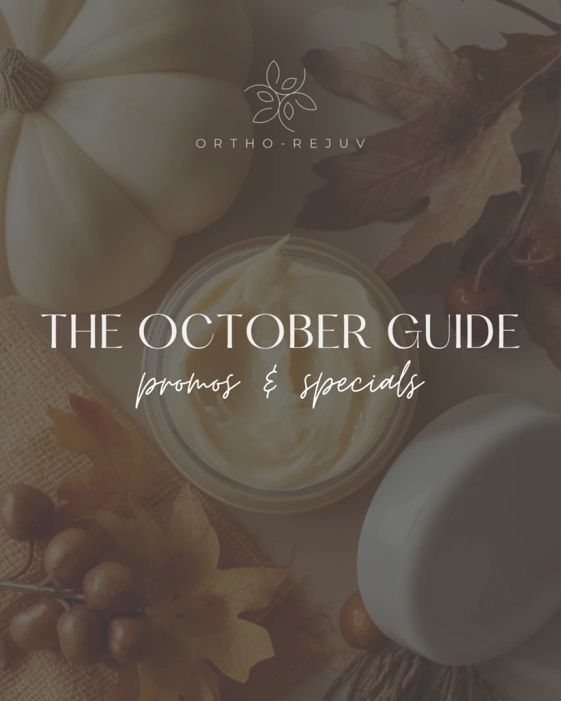 Ortho-Rejuv logo with text reading 'The October Guide: promos & specials' over autumn-themed background with leaves and skincare products
