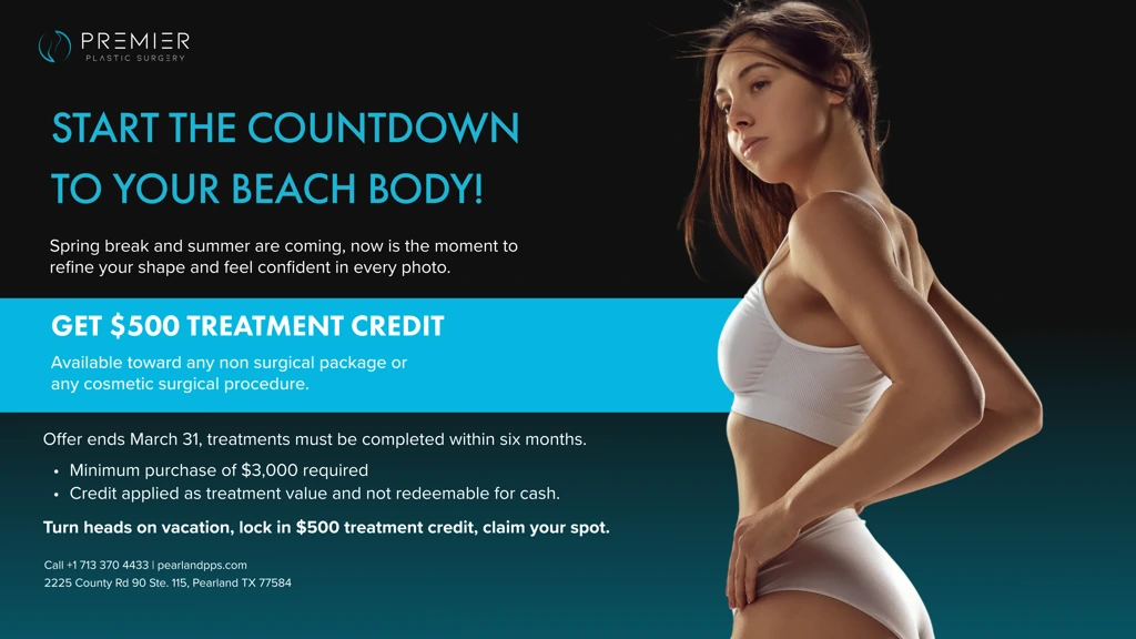 Premier Plastic Surgery promotion: woman in profile with text "START THE COUNTDOWN TO YOUR BEACH BODY" and "GET $500 TREATMENT CREDIT"