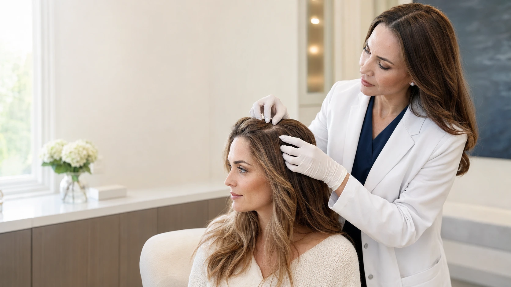 Provider in white coat examining patient's hair during consultation