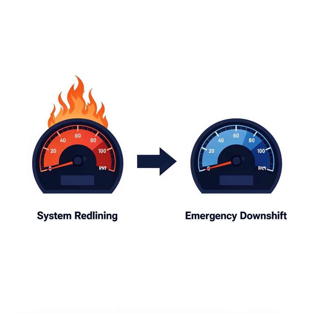Car engine metaphor: system redlining vs emergency downshift