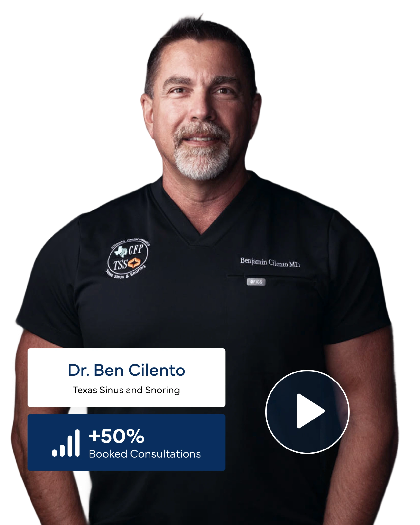 Dr. Ben Cilento in black medical scrub with play button overlay and text showing +50% Booked Consultations