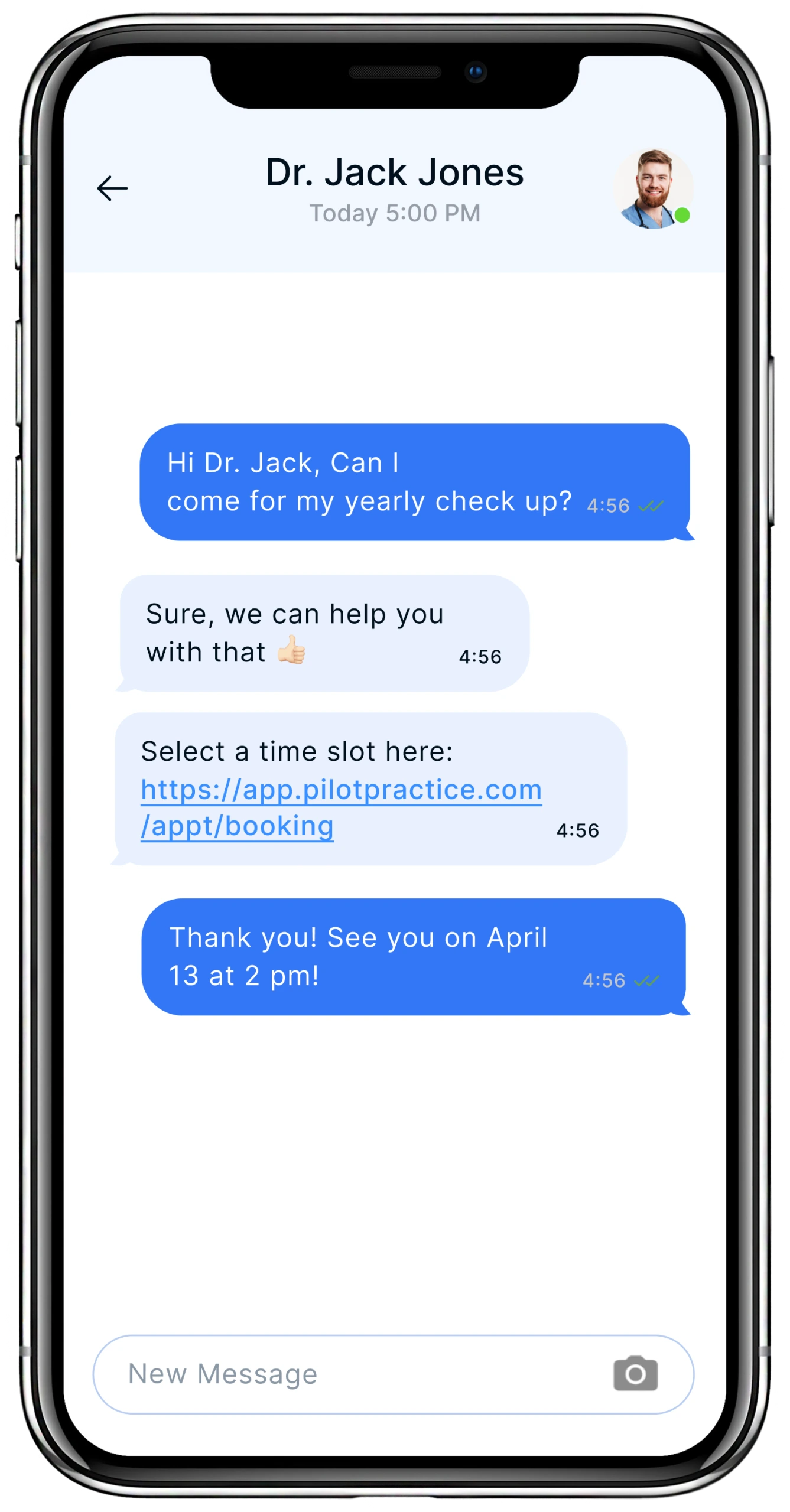Smartphone displaying text message conversation between patient and Dr. Jack Jones about scheduling a yearly checkup appointment