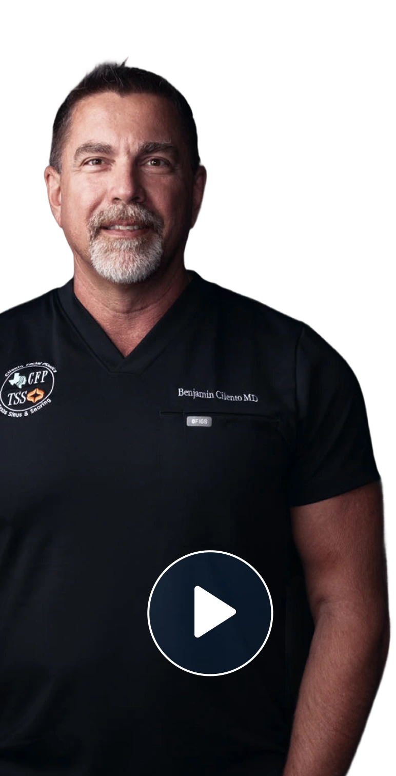 Benjamin Cilento MD in black medical scrubs with certification logo, play button overlay