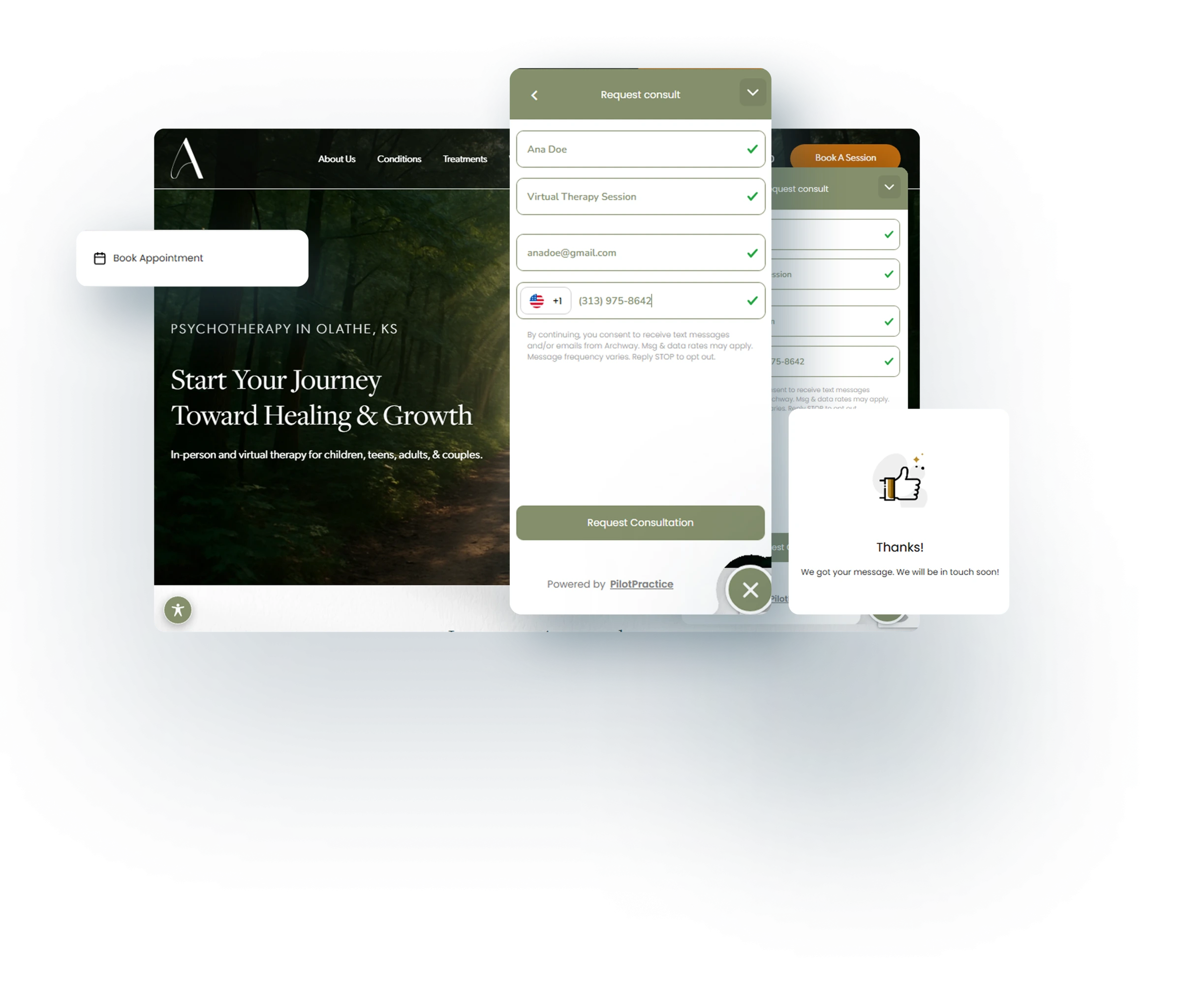 Archway psychotherapy website showing appointment booking interface with consultation request form and hero text 'Start Your Journey Toward Healing & Growth'