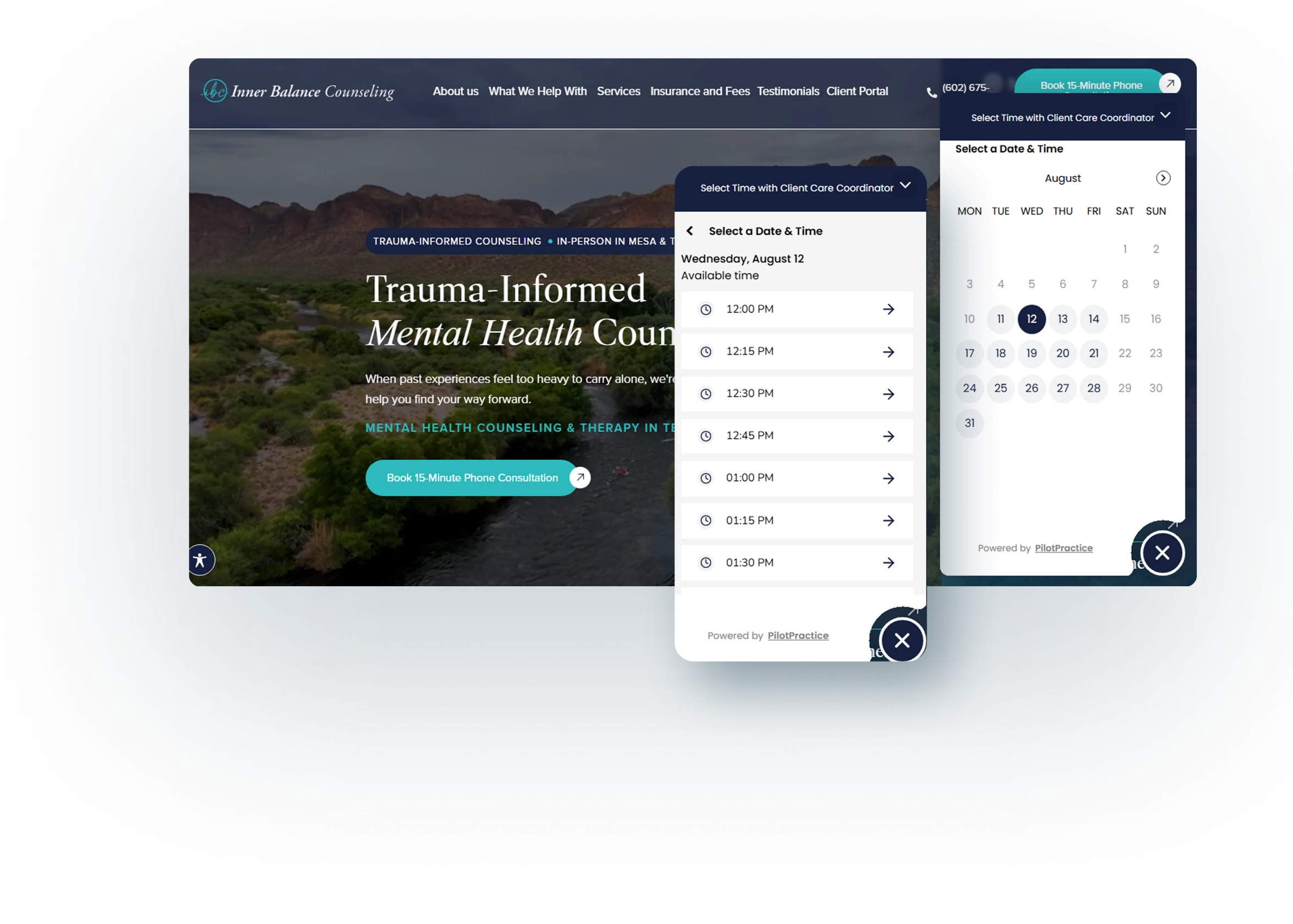 Inner Balance Counseling website displaying trauma-informed mental health services with online appointment scheduling interface showing available time slots
