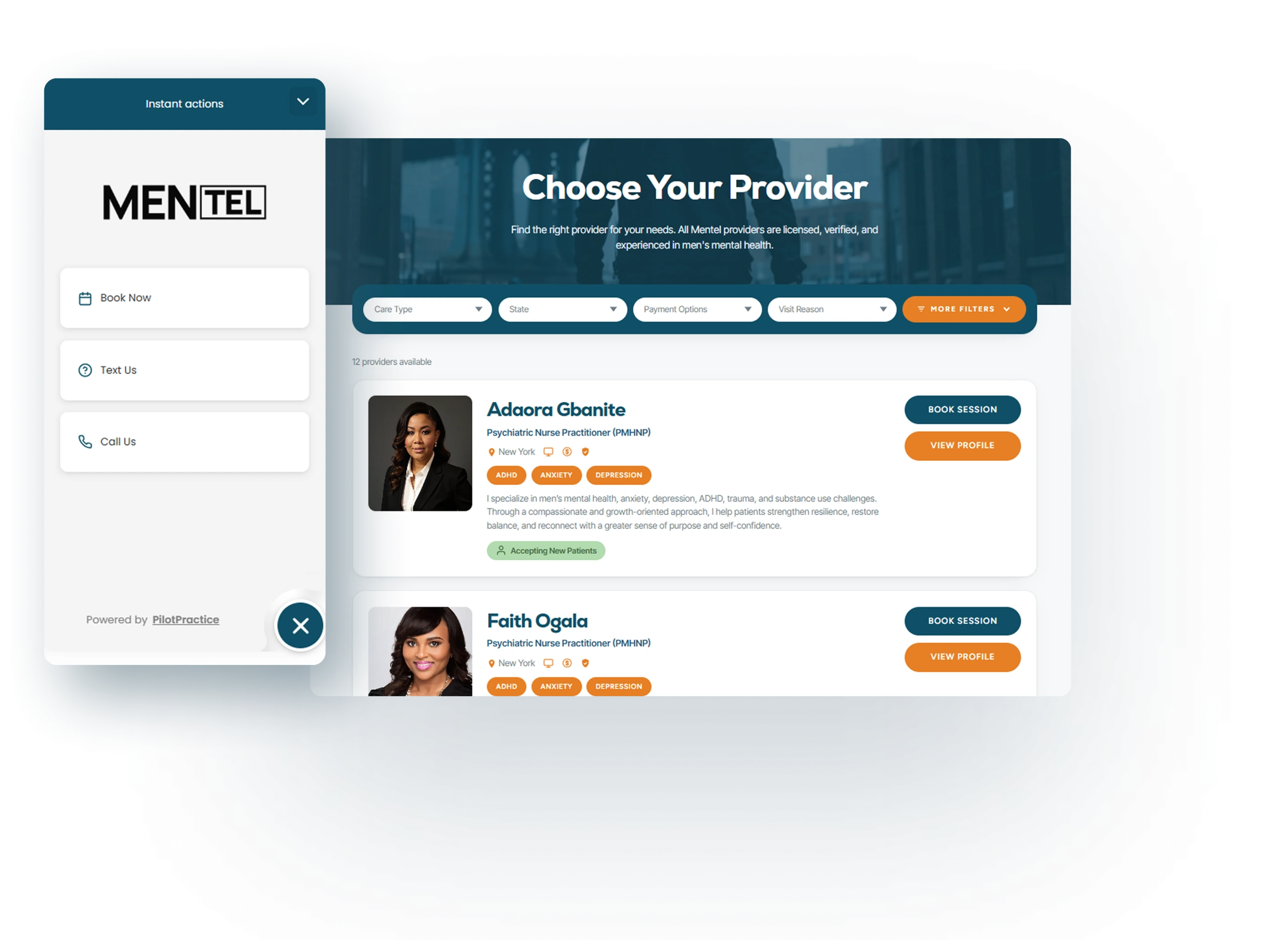 MENTEL provider search interface showing 'Choose Your Provider' with psychologist profiles including Adoora Gbarite and Faith Ogalo with booking options
