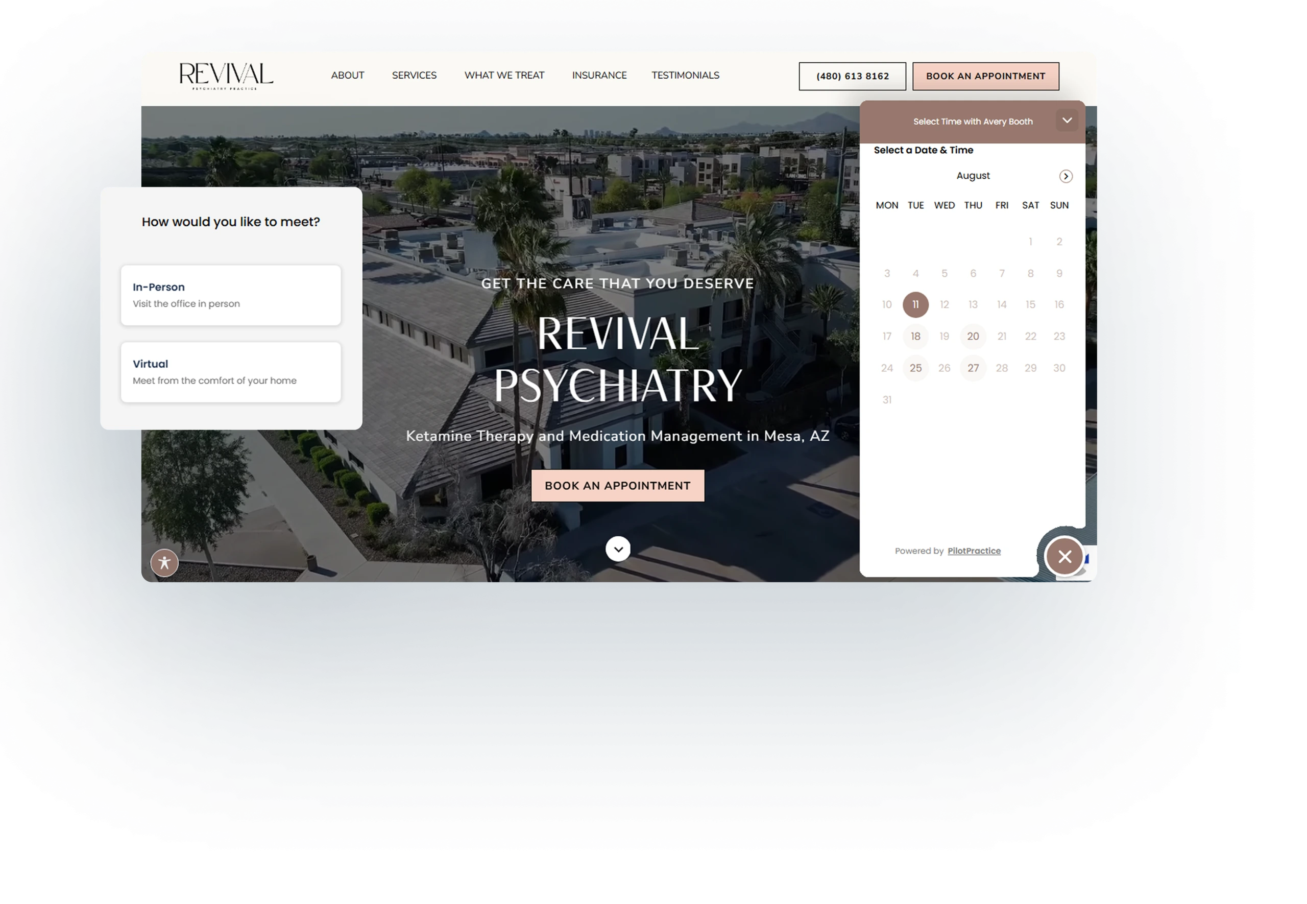 Revival Psychiatry website homepage showing Mesa, AZ clinic exterior with appointment booking interface and options for in-person or virtual visits