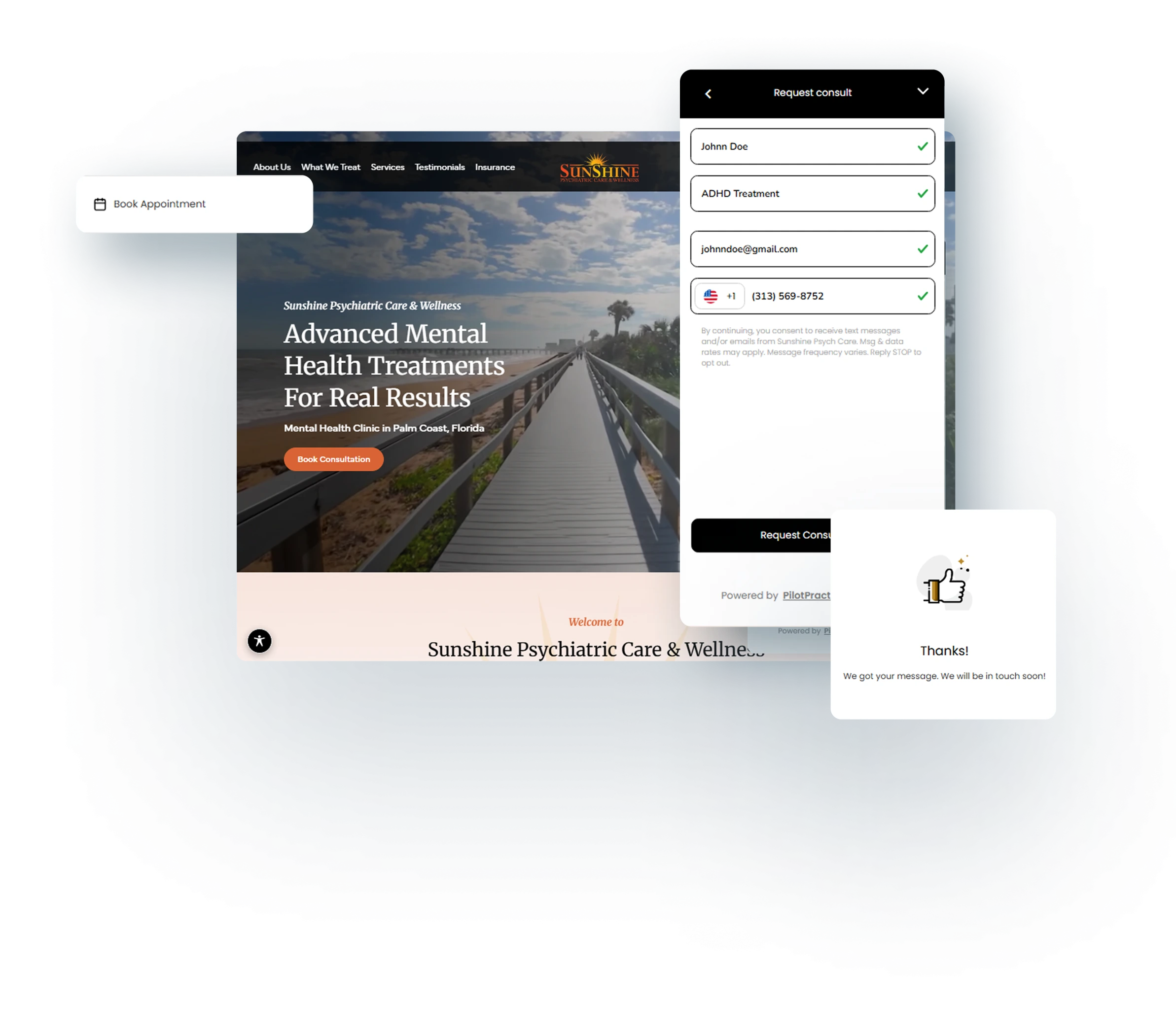 Sunshine Psychiatric Care website homepage with EMR integration contact form overlay showing patient appointment request fields