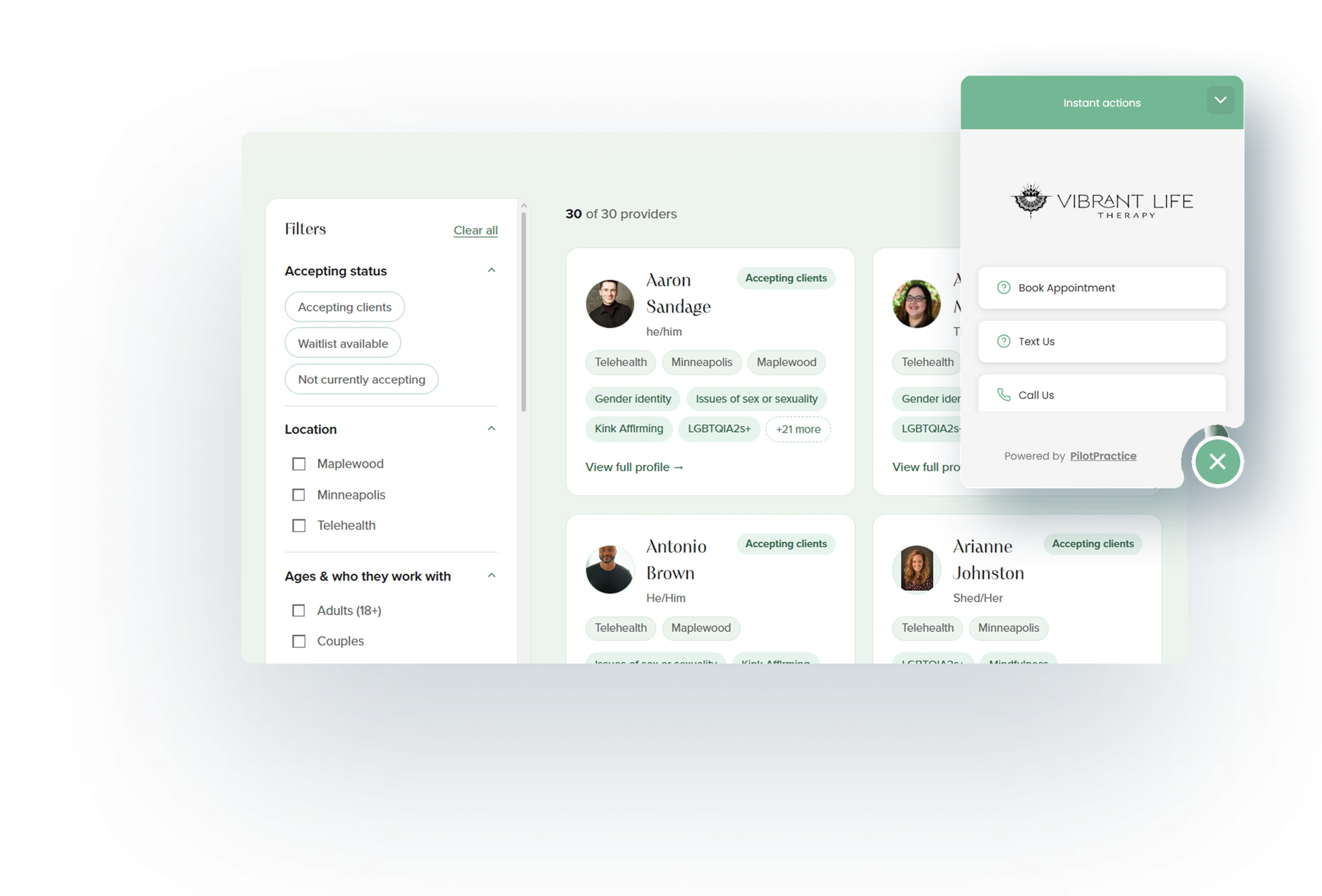 Vibrant Life provider directory interface showing filtered search results for 30 providers with profiles, locations, and specialty tags, and instant actions menu displaying appointment booking and contact options