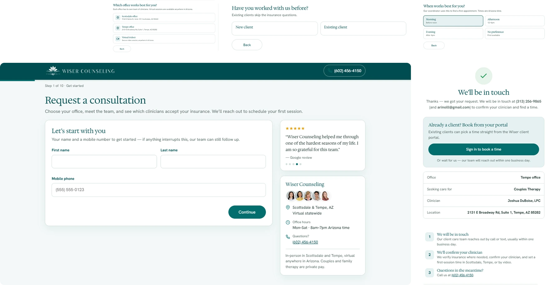 Wiser Counseling consultation request form with client testimonial and therapist team contact information