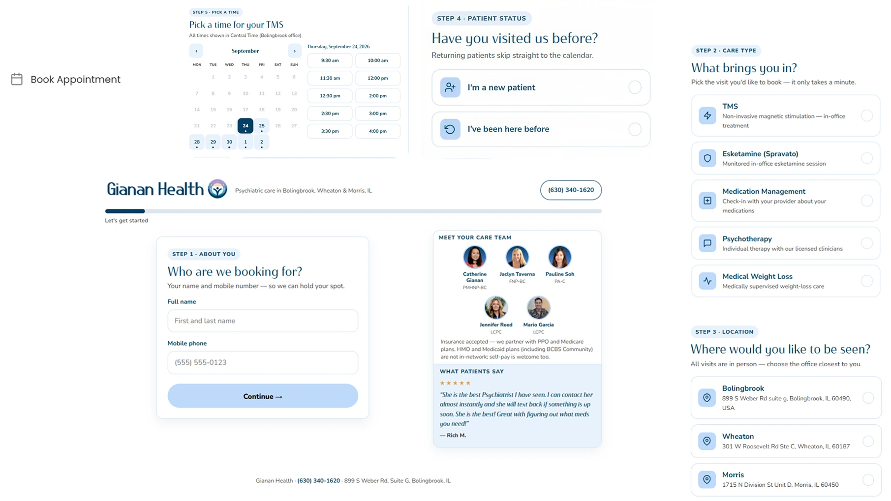 Gianan Health online appointment booking interface showing calendar, time selection, patient status questions, care type options, and team member profiles