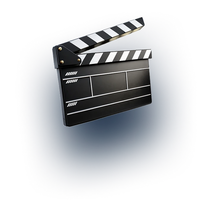 Black and white film clapperboard with striped top hinged open against a white background