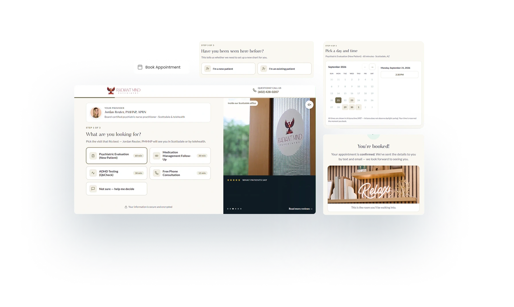 Three mock-ups of mental health practice website pages showing appointment booking, service selection, and confirmation screens with calendar and branding elements
