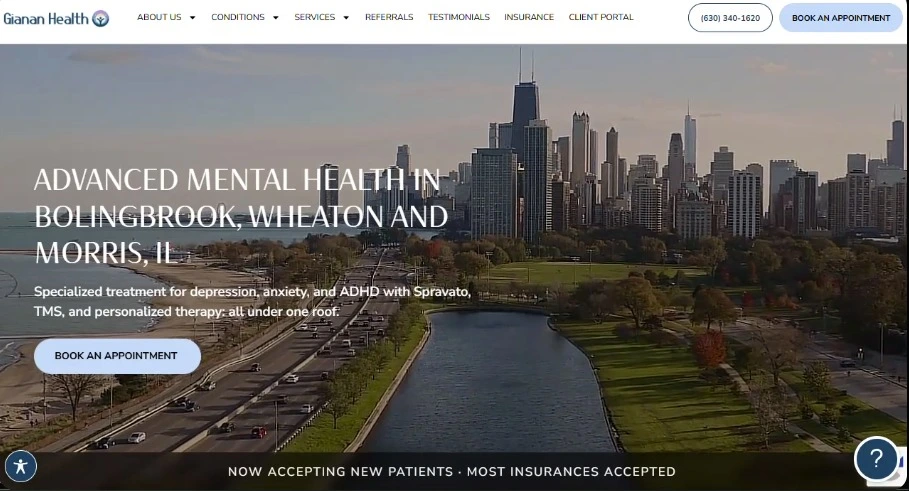 Chicago skyline with river and green parkland, promoting advanced mental health services in Bolingbrook, Wheaton, and Morris, IL