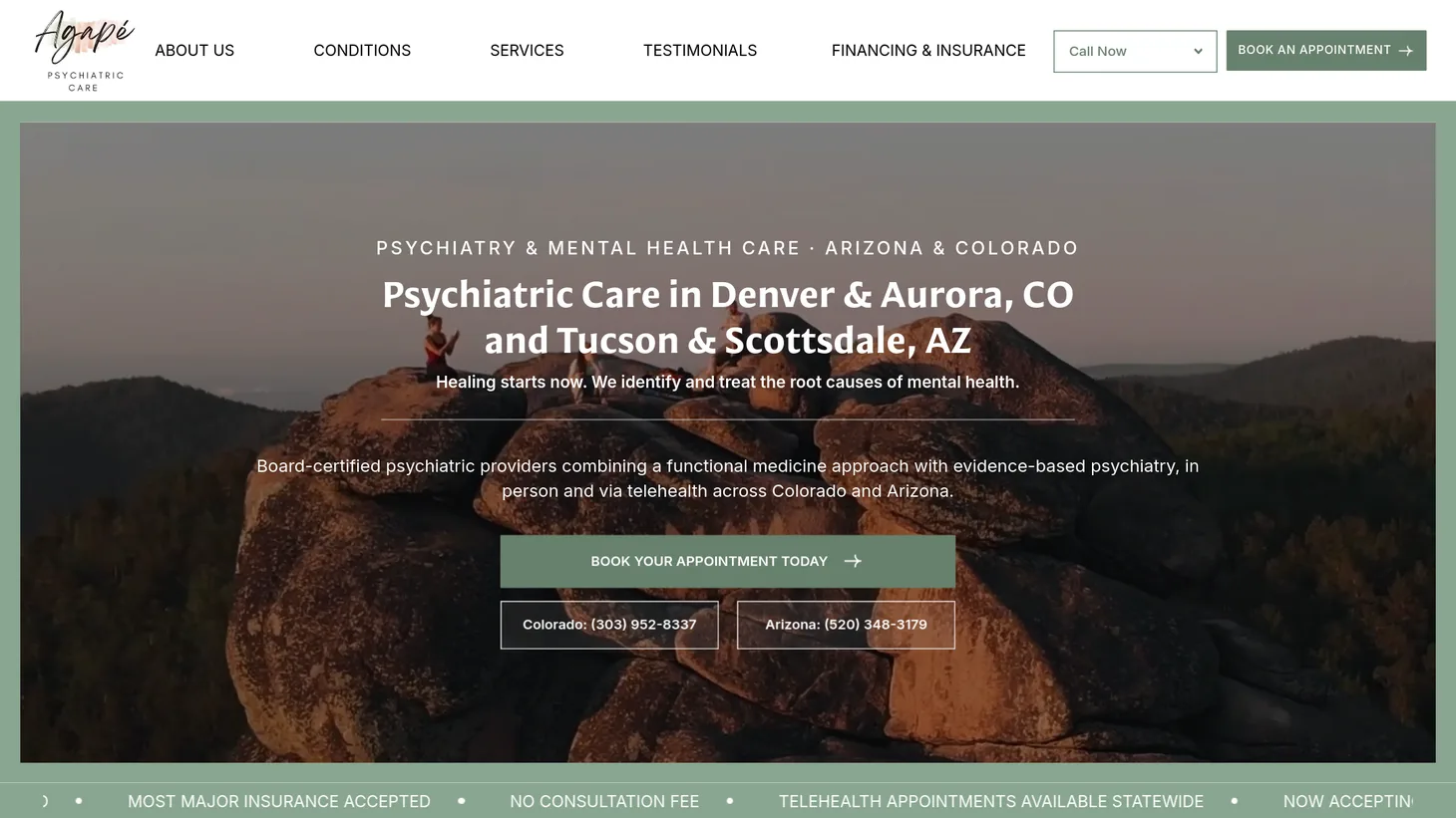 Agape Psychiatric Care website homepage designed by PilotPractice