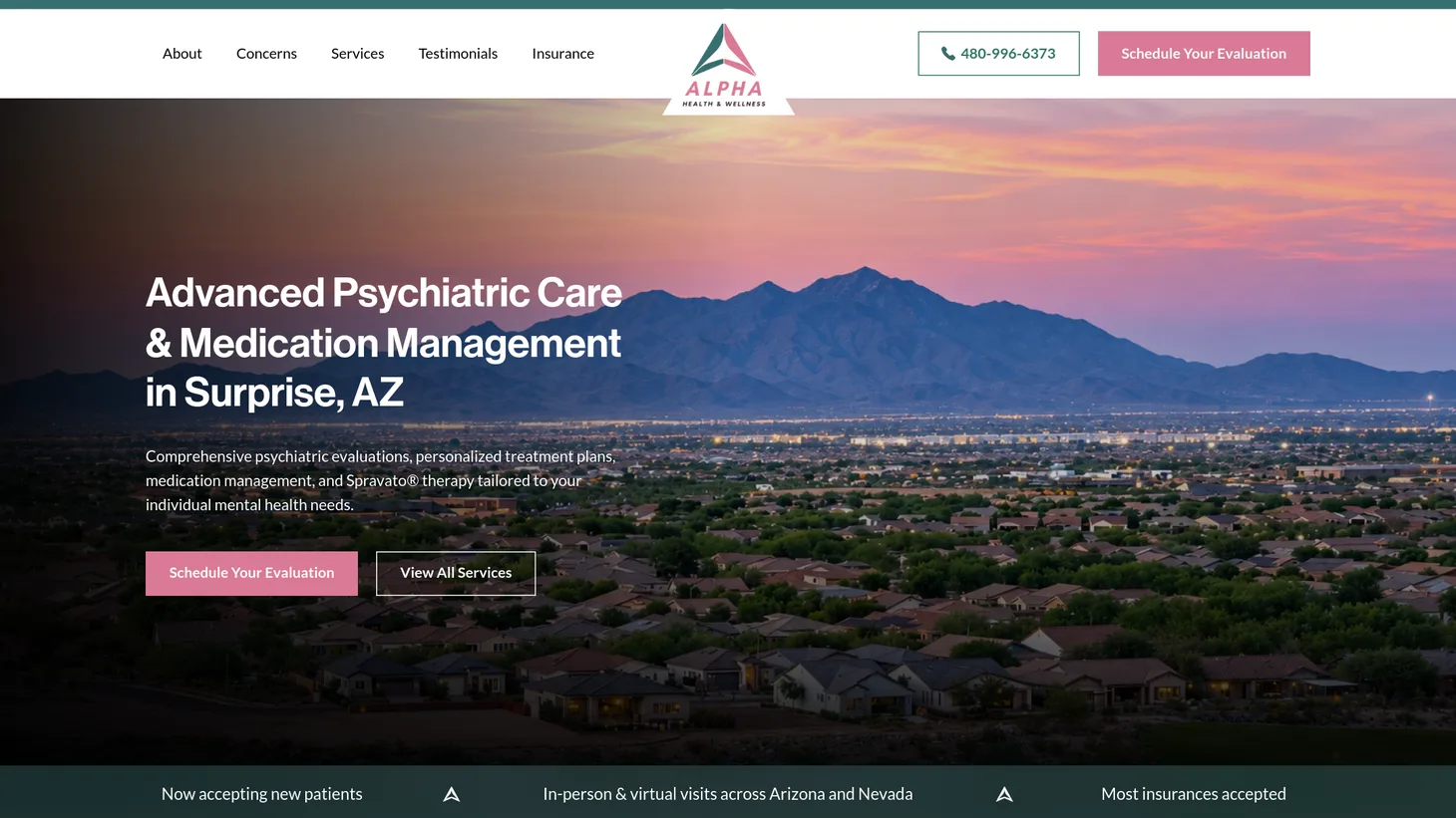 Alpha Health & Wellness website homepage designed by PilotPractice
