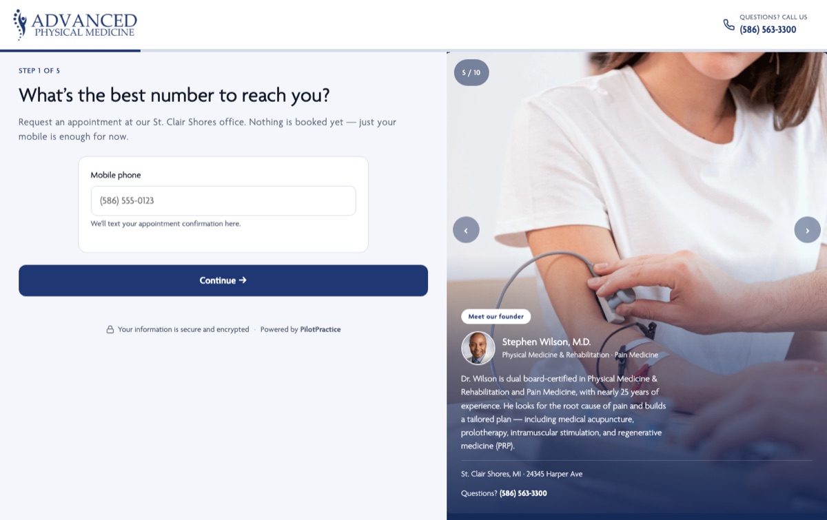 Booking page built by PilotPractice for Advanced Physical Medicine in St. Clair Shores, step 1 of 5, with the founder's photo and bio beside the form