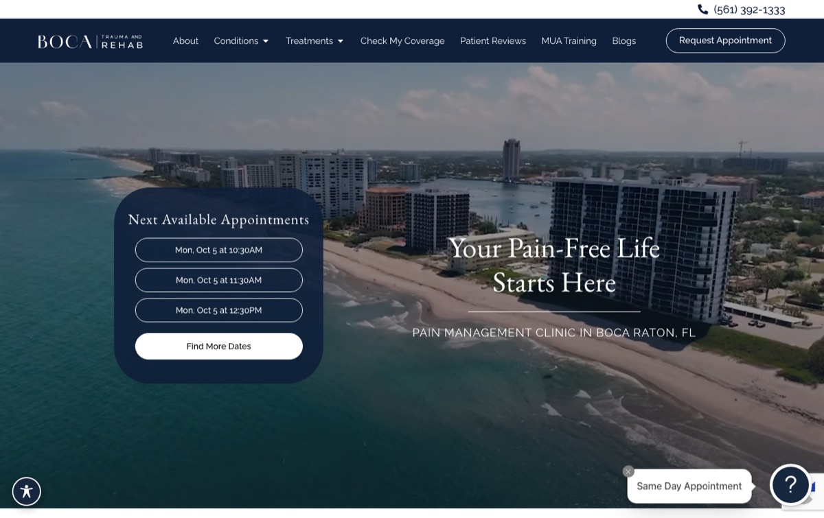 Boca Trauma and Rehab website in Boca Raton built by PilotPractice, showing a Next Available Appointments box with three real appointment times a patient can book