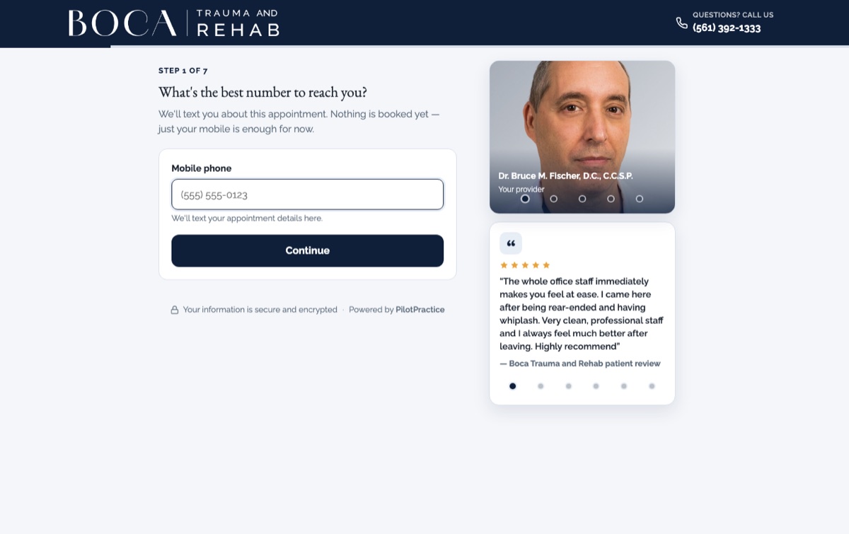 Online booking system built by PilotPractice for Boca Trauma and Rehab, step 1 of 7, asking for a mobile number next to the provider photo and a patient review