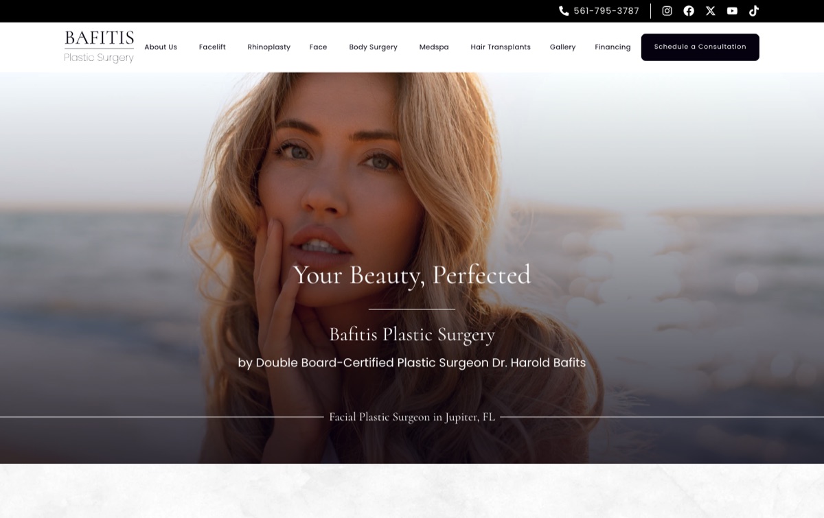 Bafitis Plastic Surgery website in Jupiter, Florida, built by PilotPractice, with a Schedule a Consultation button in the header and a facelift hero image
