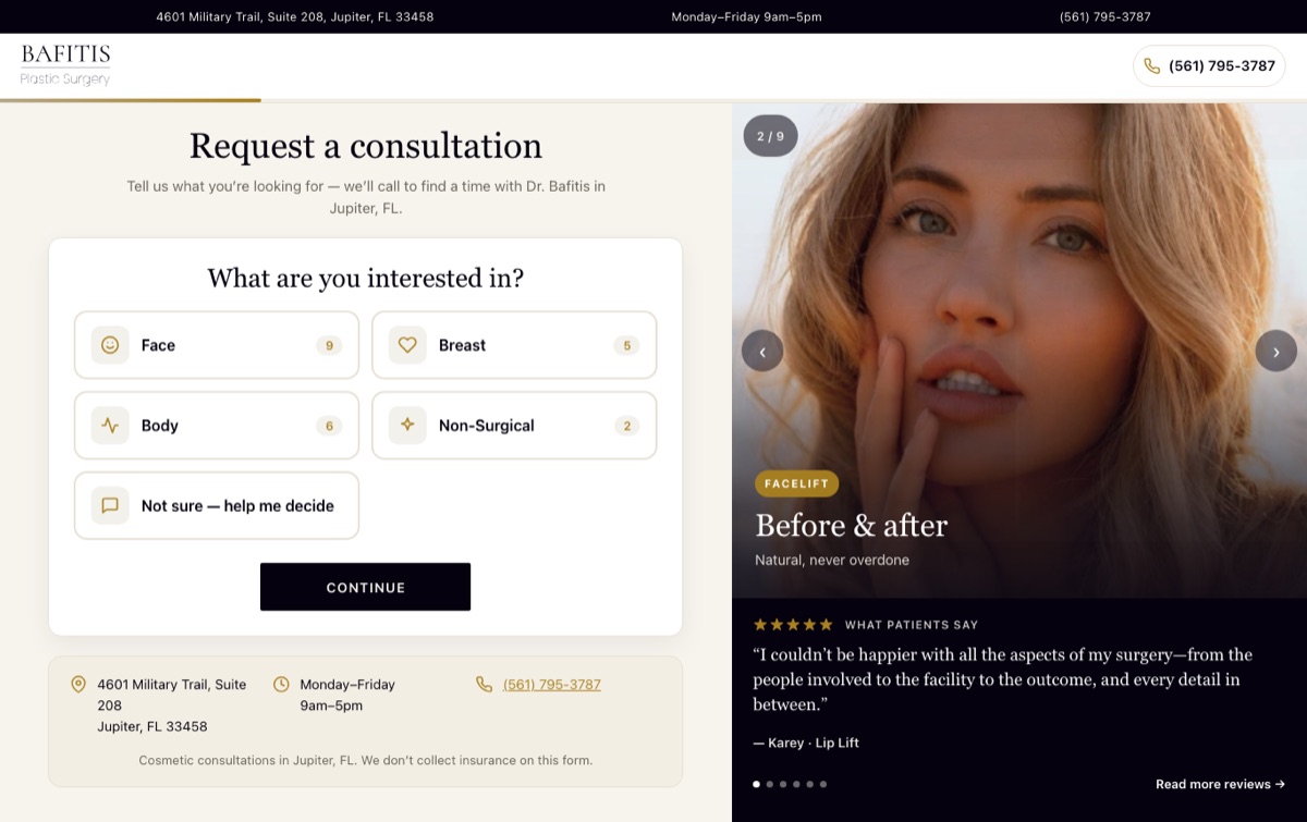 Online consult booking system built by PilotPractice for Bafitis Plastic Surgery in Jupiter, Florida: step 2 of 9 asks what the patient is interested in — face, breast, body, non-surgical — next to a facelift before-and-after and a patient review