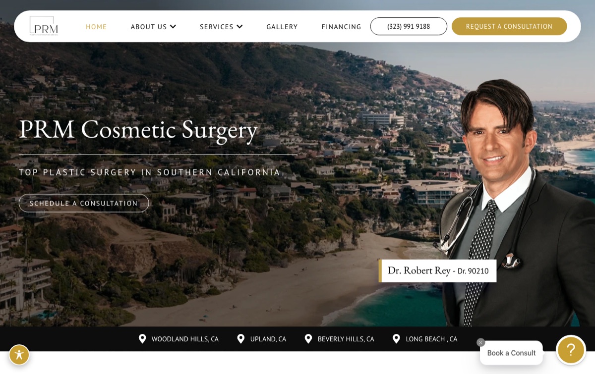 PRM Cosmetic Surgery homepage built by PilotPractice, showing Dr. Robert Rey, a Request a Consultation button and four Southern California office locations in the bottom bar