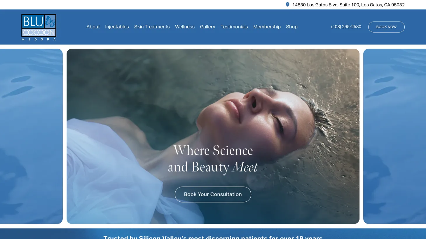 Blu Cocoon Medspa website homepage designed by PilotPractice